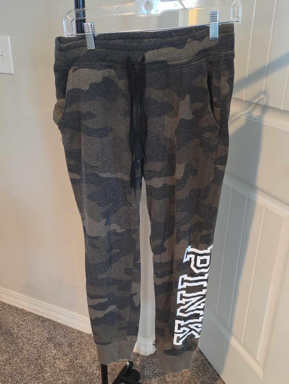 Ladies Camo Jogger Pants with PINK Logo - Olive/Black